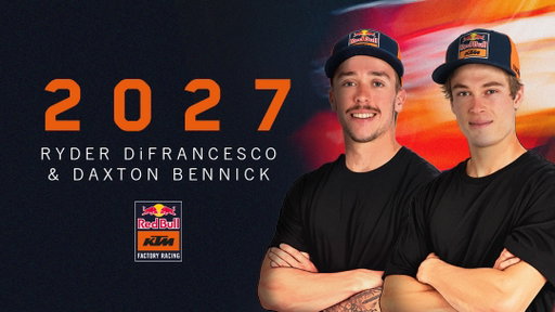 Ryder DiFrancesco and Daxton Bennick are locked in at Red Bull KTM Factory Racing! 🤝

The pair join an expanded four-rider 250 program alongside Julien Beaumer and Sacha Coenen in the SMX World Championship.

READY TO RACE for 2027! 🔥

#KTM #ReadyToRace #SuperMotocross #SMX