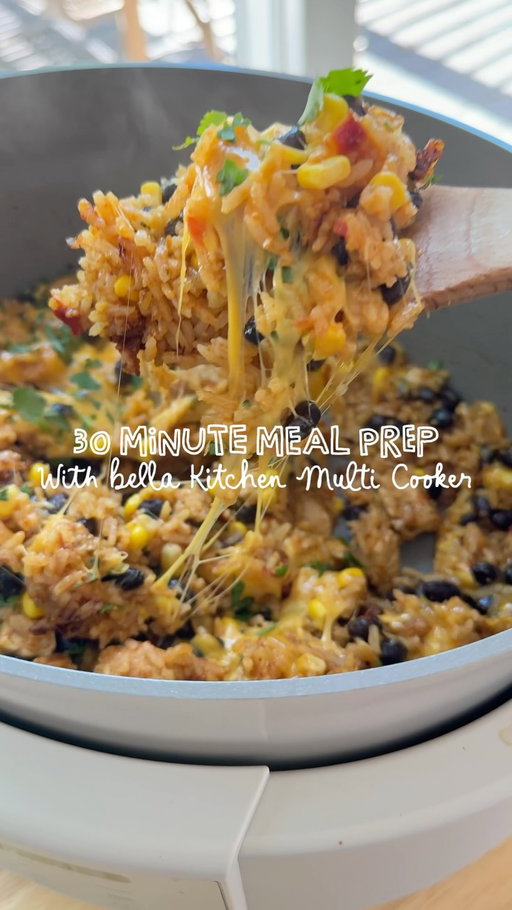 One-Pot @bellakitchen Multi Cooker Chicken Burrito Bowls

Serves 4
Ingredients
- 1 lb boneless, skinless chicken breasts, cut into bite-size pieces
- 1 tbsp olive oil
- 1 packet taco seasoning, divided
- 1 cup jasmine rice rinsed
- 1 1/4 cups chicken broth
- 1 cup chunky salsa
- 1 can black beans, drained and rinsed
- 1 cup corn
- 1 cup shredded Mexican-blend cheese
For the bowls
- Shredded lettuce
- Diced avocado
- Pico de gallo
- Sour cream or Greek yogurt
- Fresh cilantro
- Lime wedges
- Tortilla chips, optional

Directions
1. Set the bella multi-cooker to Sauté. Add olive oil, chicken and about half of the taco seasoning. Cook for 3–4 minutes, just until the outside of the chicken starts to brown.
2. Add the rice, chicken broth, salsa and remaining taco seasoning. Stir everything together.
3. Cook using the Rice setting until the rice is tender and the chicken reaches 165°F. 
4. Stir in the black beans and corn. Let everything warm through for a few minutes.
5. Sprinkle cheese over the top and close the lid for 1–2 minutes so it gets nice and melty.
6. Spoon into bowls and load them up with lettuce, avocado, pico, sour cream, cilantro and a squeeze of lime.
@bellakitchen