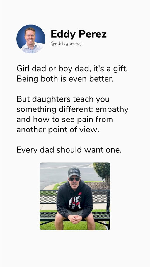 Raising a daughter changes how you move through life 👧

Ask any man raising a daughter, and he’ll admit that it changes his entire outlook on the world.

You learn to slow down, listen deeper, and pay attention to things you used to ignore. It doesn't strip away a man's strength; it makes him far more perceptive, present, and intentional in everything he does.

Girl dads, what’s the single biggest way your daughter transformed your mindset? Tell me in the comments.

Send this to a girl dad who’d agree.

#girldad #fatherhood #dadlife #family #mindset
