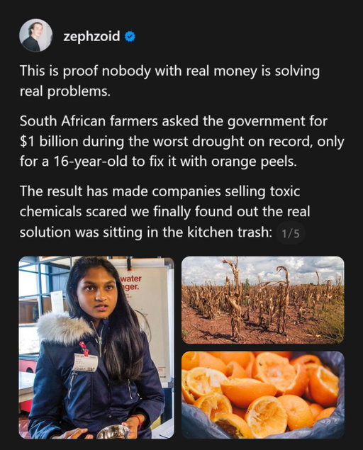 This is proof nobody with real money is solving real problems.

South African farmers asked the government for $1 billion during the worst drought on record, only for a 16-year-old to fix it with orange peels.

The result has made companies selling toxic chemicals scared we finally found out the real solution was sitting in the kitchen trash:

Johannesburg student Kiara Nirghin created her “orange peel mixture” after three experiments over 45 days.

The concept uses peels from juice-factory waste, which are 64% polysaccharide and also contain pectin, a natural gelling agent, plus oil from avocado skins.

Left in the sun, the peel and skin react to form a superabsorbent polymer that holds water hundreds of times its own weight and turns soil into a reservoir for crops.

In head-to-head testing, it kept soil wetter than the best commercial synthetic polymer over 20 days.

While the synthetic version is made from petroleum chemicals and never breaks down, hers is fully biodegradable and needs nothing but electricity and time to make.

It could also sell for $30 to $60 per ton, compared with $2,000 to $3,000 for the synthetic version.

That invention was good enough to win the 2016 Google Science Fair grand prize, beating students from around the world for a $50,000 scholarship.

This is scientific proof we have real solutions to a more sustainable food system that doesn’t poison the soil.

But when four agrochemical giants control nearly 70% of the entire global food system, it’s no wonder why we never hear stories like this. 

If you want to be part of the change, you need to help create an entirely new system. 

That is on the Localize Farmers Market app, where you can find over 50,000 small family farms directly from your phone.