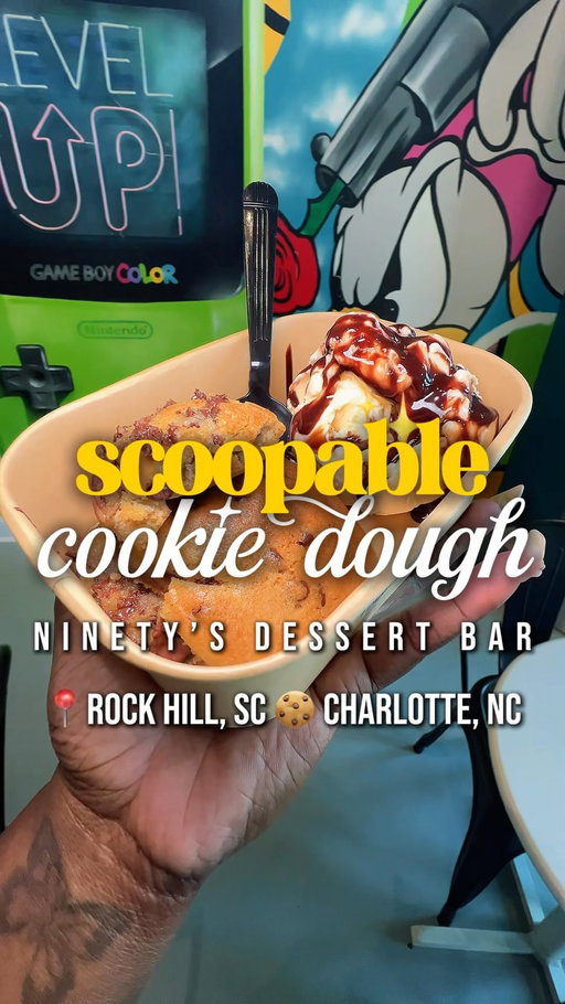 SCOOPABLE COOKIE DOUGH – This is the newest menu item at Ninety’s Dessert Bar, premiering on Friday, October 16th and will be available through Sunday, October 18th at both the Rock Hill, SC and Charlotte, NC locations. Ninety’s is a 90s-themed family-owned dessert shop that offers a slew of fun, creative and decadent desserts including various ice cream flavors, milkshakes, sundaes, cheesecakes, cookies, brownies, and more. 
 
🍪502 Cherry Rd Ste 105, Rock Hill, SC
🍪9009 J M Keynes Dr. Ste. 4, Charlotte, NC
 
✨The Scoopable Cookie Dough comes with 1 large scoop of chocolate chip cookie dough (additional flavor (s) to premiere soon), 1 scoop of vanilla ice cream and a chocolate drizzle. The cookie dough has a baked crust on top with a warm ooey gooey center that melts in your mouth.✨
 
▪️Some of the items featured at the end of this reel may not be available as this content was shot over the course of 2+ years.