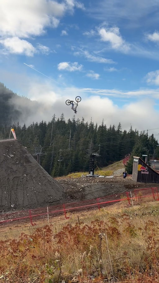 biggest flip done, time for some racing ⚡️
@asavermette 

#RedBullHardline is on, practice is getting rowdy! #backflip #mtb #mountainbike #downhill