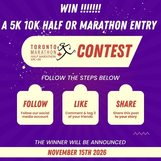 ​🎉 TORONTO MARATHON GIVEAWAY! 🎉
​Ready to hit the pavement? We’re giving away a free race entry to the Toronto Marathon! Whether your goal is the 5K, 10K, Half Marathon, or the full 42.2K, this is your shot to run on us! 🏃💨 
​How to Enter:
1️⃣ Follow our account
2️⃣ Like this post, then comment and tag 3 friends
3️⃣ Share this post to your story (and tag us so we can see it!) 
​📅 Winner Announcement: The lucky winner will be announced right here on November 15, 2026. 
​Drop your target distance in the comments and start tagging! 👇

 Some restrictions apply. All contest rules and regulations in Ontario will apply. The selected winner will be required to correctly answer a mathematical skill-testing question and sign a declaration and release form prior to claiming the prize. This giveaway is in no way sponsored, endorsed, administered by, or associated with Instagram.
​#TorontoMarathon #Giveaway #TorontoRunners #RunTO #5K #10K #HalfMarathon #MarathonTraining #RunningCommunity #ContestAlert