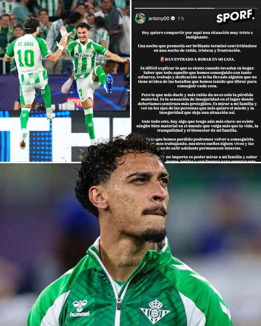Antony has revealed that his home was being burgled while he was in action for Real Betis against Porto in the Champions League. 😳🚨

"Today I come to share a very sad and outrageous situation. A night that had everything to be wonderful ended in indignation and frustration. 

THEY ROBBED MY HOUSE!

What outrages me the most is not just the material loss, but the feeling of insecurity in the place where we should feel most protected; seeing that insecurity reflected in the eyes of my family. 

But, above all this, one thing becomes even clearer to me: there is no material good in the world that is more valuable than the life and well-being of my family."

🙁🙏