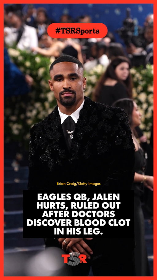 #TSRSports: Prayers up for #JalenHurts! 🙏🏾❤️ The #PhiladelphiaEagles quarterback has been ruled out of Sunday's game against the Carolina Panthers after doctors discovered a superficial blood clot in his calf. According to the team, Hurts was initially cleared to play, but a follow-up ultrasound revealed the clot had moved, prompting doctors to reevaluate his treatment. The Eagles say his health and safety are their top priority. Roomies, let's send Jalen some love and wish him a speedy recovery! ❤️🙏🏾 ✍🏽: #TSRStaffKW
