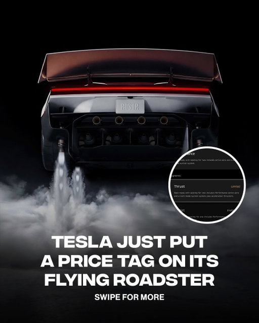 You can now buy a flying car for 💸

Performance: $50,000 deposit
Thrust: $250,000 deposit
Rocket: Invite-only access

Production is expected to begin in 2028, with final pricing still to be announced.

[via/ @teslamotors ]