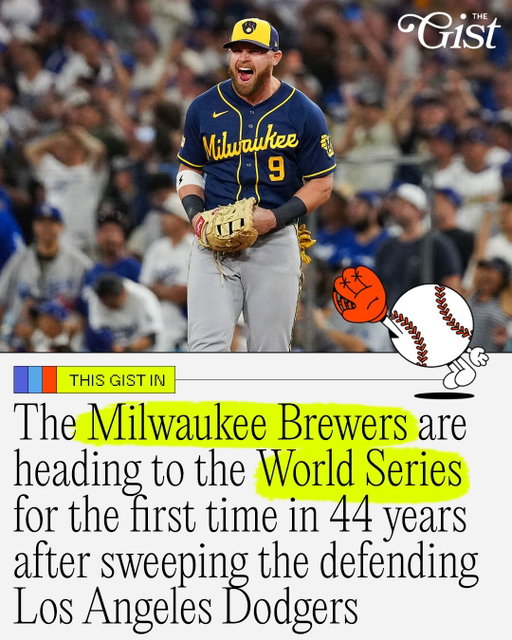 BREWERS ARE WORLD SERIES BOUND FOR THE SECOND TIME EVER! 👀🏆⁣
⁣
The Milwaukee Brewers finally turned their regular-season prowess into postseason success, eliminating the Los Angeles Dodgers with their come-from-behind 6-4 Game 4 win. ⚾⁣
⁣
While Shohei Ohtani busted out of his slump, blasting his first homer since August 18th, but it was too little, too late for LA. 🫣⁣
⁣
One half of the World Series matchup is officially set, and the other half could be decided by the end of the weekend. You might want to subscribe to our free sports newsletter over at the link in bio. 💌⁣
⁣
#menssports #baseball #mlb