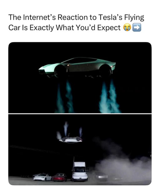 We got flying cars before GTA 6 😭

Tesla showed off its next-gen Roadster prototype at SpaceX’s test site in Texas, featuring rocket-inspired thrusters and some seriously wild aerial stunts. The demo included midair flips, jumps, and a claimed 0-60 mph time of under a second, with deliveries reportedly planned for 2028.

Naturally, the internet had other plans. From playing Rocket League in real life to flying over slow drivers and giving car insurance companies nightmares, people are already imagining the absolute chaos this thing could cause on the road.