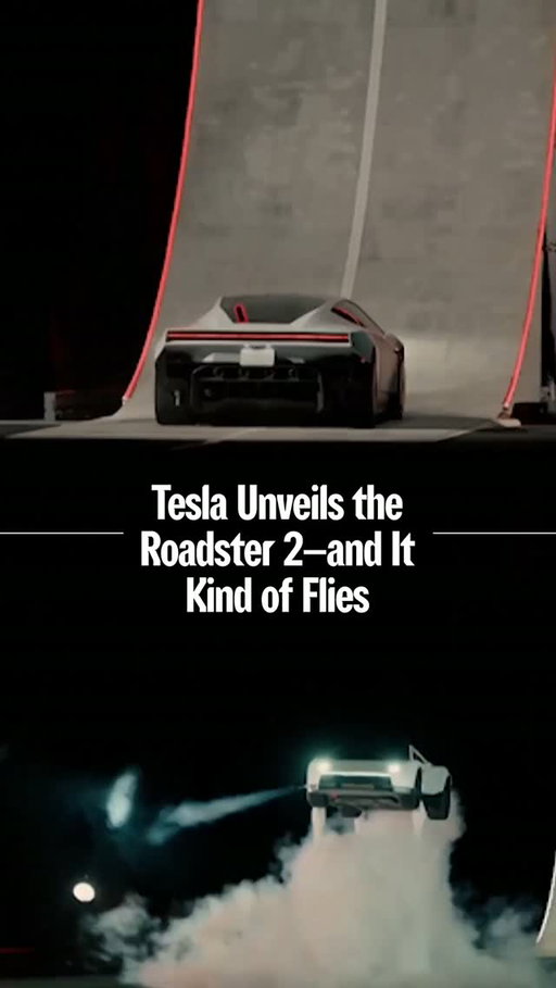 In a blast of showmanship, Elon Musk has unveiled Tesla’s redesigned Roadster 2, nine years after the luxury sports car was first announced. This version, however, features thrusters that can send it airborne.

The two-seater car was revealed at a demonstration event at the rocket development and testing facility of SpaceX—which collaborated on the development of the new Roadster—in McGregor, Texas, on Thursday night.

Crucially, there was no human occupant during the demo, which Tesla and SpaceX CEO Musk said was “to make sure we don’t kill anyone.” Those assembled to watch in person cheered as the prototype drove upside down on a ramp using a suction system and landed using in-built thrusters.

“I’m not sure it’s necessarily legal in all jurisdictions," Musk said of the car’s “flying” technology. “This is not necessarily a safety-optimized car.” The Federal Aviation Administration did not immediately respond to a request for comment.

The Roadster 2 was first announced back in 2017, with Tesla taking deposits in 2018 and saying deliveries would begin in 2020. Last night, Tesla said production would finally begin in 2028.

Musk has a long history of not following through on his loftiest product ambitions, and timelines for many Tesla releases have repeatedly missed targets.

Tap the 🔗 in bio for more.