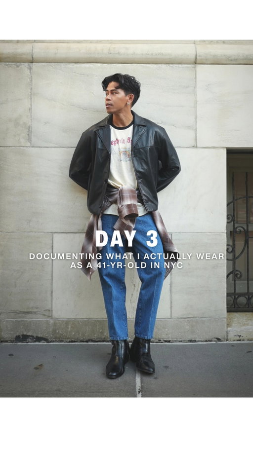 day 3 documenting what i actually wear as a 41 yr old in nyc. 

the formula: boxy vintage-cut leather, graphic tee, waist-tied flannel, and pleated straight-leg denim over boots. full fit breakdown below:

👕 @zarama leather blazer and t-shirt / @octobre_editions pleated denim jeans / @gu_usa_official flannel / @stacyadamsstyle boots

———
🏷️ mens fall fashion 2026 • leather jacket outfit men • nyc street style men • mens casual layered outfit • men over 40 style