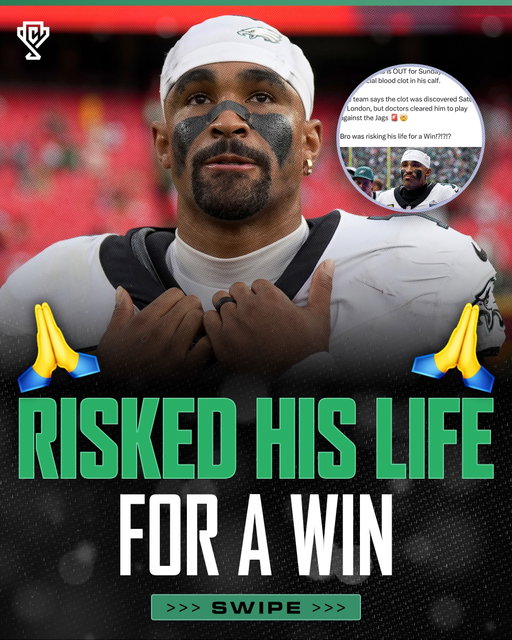 Jalen Hurts risked his life for a win last Sunday 🙏❤️

One of the hardest working players there is 

There’s a fair argument that the Eagles should have held Jalen Hurts out as a precaution once they discovered a superficial blood clot in his calf. Even with a game to play, his long-term health matters more than one Sunday. Philadelphia confirmed the clot was discovered before the Jaguars game in London, yet Hurts played without limitations. 

However, doctors in London and the Eagles’ medical staff reviewed his ultrasound and cleared him to play. That matters, because we cannot say the decision was medically wrong based only on the public information. The team said doctors recommended activity and mobility, along with another ultrasound afterward. 

That follow-up ultrasound showed movement in the clot, prompting Philadelphia to rule him out against Carolina. That makes the concern understandable, but it doesn’t prove playing caused the change. The strongest criticism is that taking a more cautious approach would have put his health ahead of any immediate football needs.