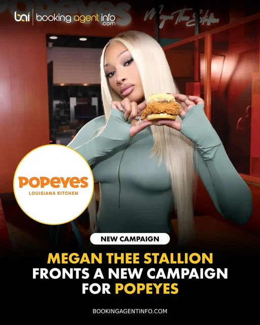 Megan Thee Stallion (@theestallion) fronts a vibrant new campaign for fast-food giant Popeyes Louisiana Kitchen (@popeyes).

The energetic, retro-inspired ad spot captures Megan inside a styled Popeyes restaurant in Miami, showcasing her signature personality and unstoppable charisma as she poses alongside the brand's newly launched Honey Chicken Biscuit Sandwich.

The culinary rollout expands Megan's powerhouse commercial footprint, building on her landmark signing as Gymshark's first-ever celebrity ambassador, her high-energy "Dunk N’ Pump" workout-inspired initiative with Dunkin', and her viral campaign feature for Cheetos alongside Nickelback.

Popeyes continues to merge southern flavors with pop culture, placing Megan alongside a star-studded group of past brand collaborators that includes Offset, Adrien Nunez, and Kyle Echarri.

Create a free account at BookingAgentInfo.com to be the first to know about new music brand partnerships.

Follow @bookingagentinfo_ for more.