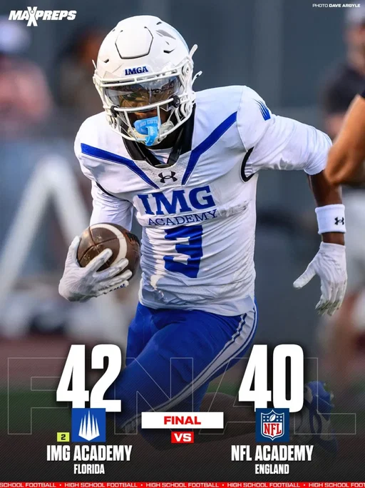 No. 2 IMG Academy escapes again! 🏈

NFL Academy (England) overcame a 28-0 deficit to take a late lead, but the resilient Ascenders walked away with the dub after a walk-off field goal. 😲
