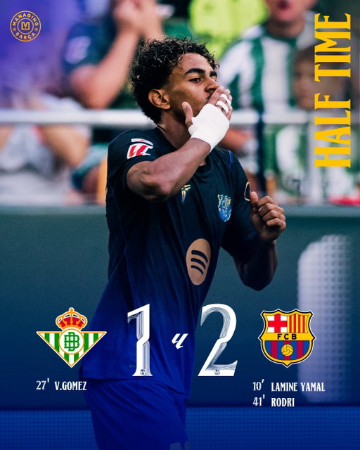 🚨🚨| 𝐇𝐀𝐋𝐅-𝐓𝐈𝐌𝐄: FC Barcelona are leading 2-1 against Real Betis with a sensational goal from Lamine Yamal and a header from Rodri. 

Thoughts? 🔵🔴🤔