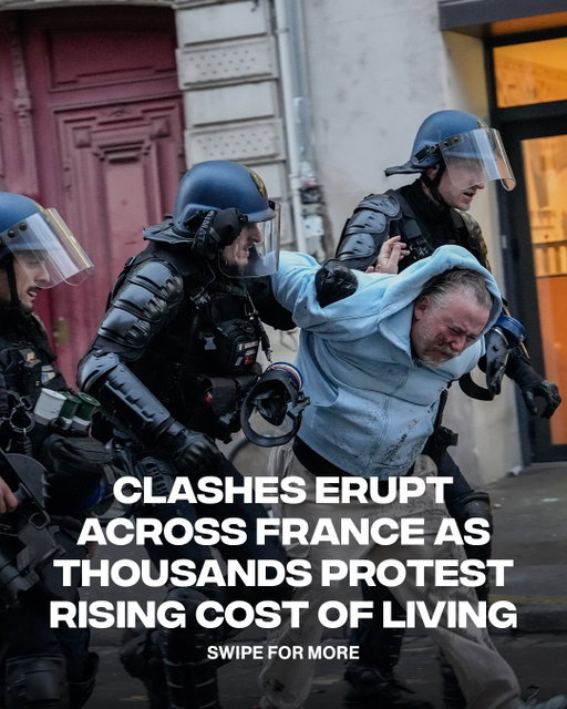 Hundreds of thousands of people took to the streets across France on Saturday to protest rising living costs and poor conditions in schools, with estimates ranging from 550,000 by the interior minister to 800,000 by organizers. 

While most demonstrators marched peacefully, clashes broke out in several cities, with fires and looting reported in Paris, Lyon, Marseille and other areas; about 400 people were arrested, according to Interior Minister Laurent Nuñez. Authorities are investigating after a protester lost a hand in Saint-Etienne, an incident that has renewed scrutiny of police use of riot-control weapons.

(📸: Getty, via @apnews)