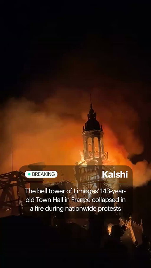 The bell tower of the 143-year-old Limoges Town Hall collapsed tonight after a fire tore through the building.⁠
⁠
It happened during nationwide protests that drew more than half a million people across France.