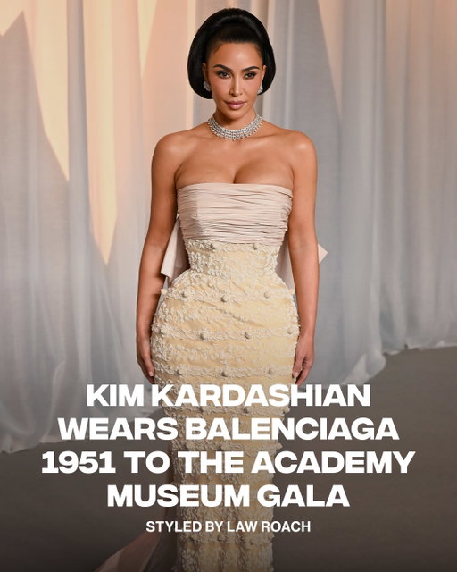 @kimkardashian attends the Academy Museum Gala wearing a dress from Cristobal Balenciaga’s 1951 collection 

Styled by: @luxurylaw