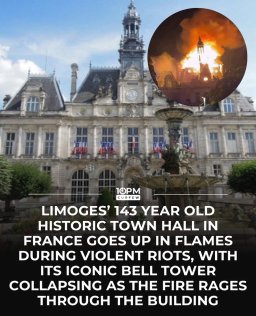 🇫🇷 A devastating fire has destroyed much of Limoges’ historic town hall in France, causing its iconic clock tower to collapse amid nationwide protests.

The building, completed in 1883, was known for its ornate architecture, clock tower, and elaborate fountain. It had stood as one of the city’s most recognizable landmarks for more than 140 years.

The incident occurred during widespread demonstrations across France over rising living costs, inflation, and concerns about public services and education. Approximately 550,000 people participated nationwide, according to French authorities, with many demonstrations remaining peaceful.

However, protests in several cities escalated into violent clashes with police, vandalism, looting, and arson. In Limoges, authorities reported that a group of masked individuals broke into the historic town hall and deliberately set it on fire.

The unrest comes amid growing economic frustration and political tensions ahead of France’s 2027 presidential election. Government officials have condemned the violence, while investigations continue into those responsible.

The destruction of the 143-year-old landmark represents a significant loss of architectural and cultural heritage. 💔

Sources: Reuters, Associated Press, AFP, Euronews (October 18, 2026).