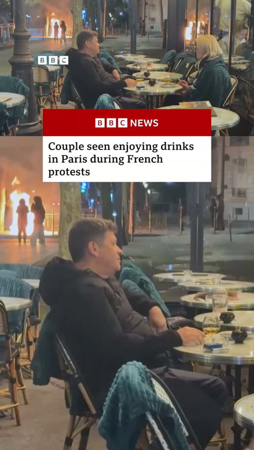 A couple was seen enjoying a drink in Paris during protests over the weekend. 
 
More than half a million people across France took to the streets on Saturday - but protests turned violent in some places, with buildings set on fire and shops looted. Some disorder continued on Sunday, with more than 350 people arrested in Paris.
 
Tap the link in @BBCNews’s bio for the latest on this story. 

#Paris #France #BBCNews