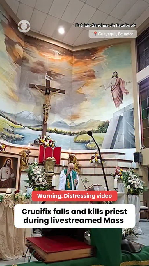 A wooden crucifix fell from a wall and crushed a priest against the pulpit during a livestreamed Mass in the Ecuadorian city of Guayaquil. Rev. Patricio Alfredo Sánchez Molinari died Saturday, the Archdiocese of Guayaquil announced. #ecuador #guayaquil