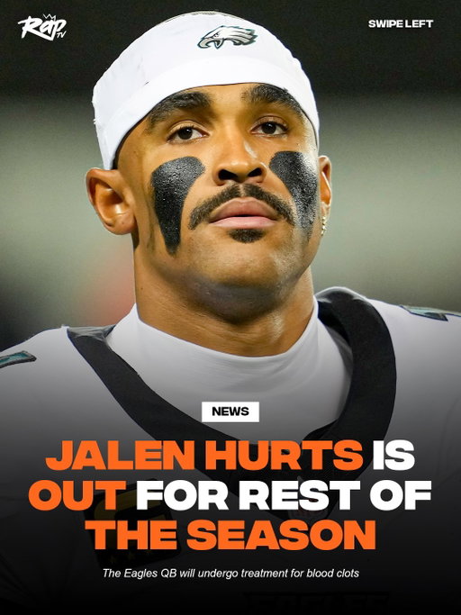 Jalen Hurts will miss the rest of the season after doctors discovered multiple blood clots in his lungs. 

According to ESPN and NFL Network, Hurts was diagnosed with deep vein thrombosis and bilateral pulmonary emboli after follow-up testing.

He had initially been dealing with what the Eagles described as a superficial blood clot in his calf. 

Hurts is reportedly clinically stable with no significant functional limitations, but he has been placed on blood thinners and cannot participate in contact activities while undergoing treatment.

His recovery is expected to take at least three months. 

The Eagles say Hurts is expected to remain around the team and continue conditioning while he recovers.

Wishing Jalen a full recovery 🙏