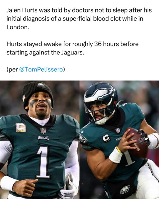 THEY TOLD Jalen Hurts NOT TO SLEEP &
YET THEY STILL LET HIM PLAY.

Are you kidding me right now????

FIRE THE ENTIRE EAGLES MEDICAL STAFF NOW.

THIS IS BLATANT MALPRACTICE.

The fact that Jalen Hurts reportedly stayed awake for nearly 36 HOURS before starting an NFL game is absolutely insane. After being diagnosed with a superficial blood clot while in London, Hurts was reportedly instructed by doctors not to sleep. Most players struggle to perform at their best after one bad night of rest, but Hurts was dealing with a serious medical scare, extreme sleep deprivation, and the pressure of preparing to face the Jacksonville Jaguars. That is genuinely unbelievable.

What makes this even crazier is how physically and mentally demanding playing quarterback in the NFL already is. You’re expected to read defenses, make split-second decisions, avoid massive hits, and lead an entire offense. Now imagine trying to do all of that after being awake for a day and a half. The amount of exhaustion he must have been dealing with is difficult to comprehend, and the fact that he even made it onto the field is shocking.

Stories like this show just how much professional athletes can go through behind the scenes without fans knowing anything about it. Everyone watches the games and judges every throw, mistake, and performance, but sometimes there’s a much bigger story happening away from the cameras. If these reported details are accurate, what Jalen Hurts experienced before that Jaguars game was absolutely wild. No football game is worth risking your health, but the circumstances surrounding this story are almost impossible to believe.

Follow US (@jukedly) to stay locked in if you love sports! 🔥
