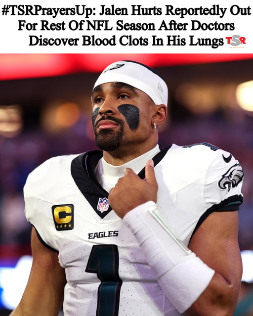 #TSRPrayersUp: #TSRSports — Philadelphia Eagles quarterback #JalenHurts will reportedly miss the remainder of the NFL season after doctors discovered multiple blood clots in his lungs. 
_____________________________________
According to ESPN and NFL Network, Hurts will undergo treatment for at least three months.
_____________________________________
In a joint statement, his agent and the Eagles revealed that doctors initially discovered a clot in his calf. Further testing found a deeper blood clot in his leg and clots in both lungs.
_____________________________________
Hurts is currently stable but cannot participate in football activities while taking blood thinners. Doctors expect him to make a full recovery without long-term complications. (📸: @gettyimages) ✍🏾: #TSRStaffLG