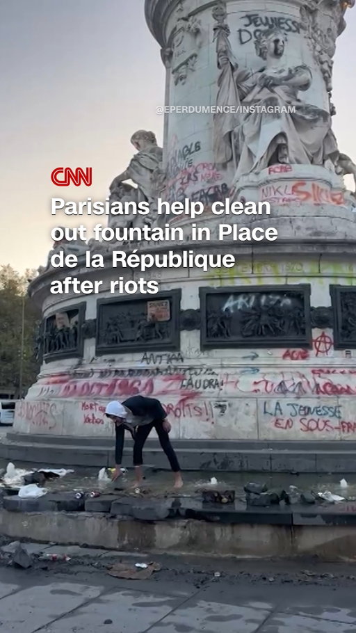 After violent riots across France over the weekend, Parisians were seen fishing rubbish out of a fountain in Place de la République.

Read more at our link in bio.