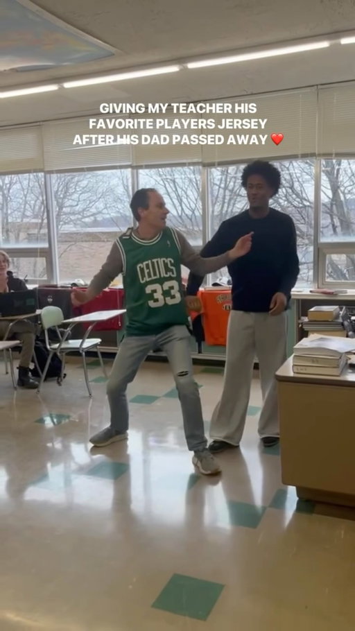 Giving his teacher a Larry Bird jersey 💚 Then seeing teacher’s moves 💯 (Via @malik.wimberly) Happy NBA Jersey Day! Wear your favorite threads and share them on social today... and don’t forget to tune in for @americanexpress NBA Tip-Off tomorrow at 3pm/et on NBC and Peacock!