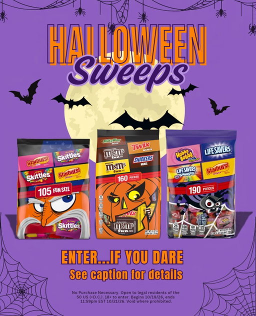 Trick or treat yourself. We’re giving 3 lucky winners a sweet stash of our candy to share with all your favorite trick-or-treaters this Halloween! For a chance to win, comment #marstreatsweepstakes and tag a friend. Happy Halloween! 

No Purchase Necessary. Open to legal residents of the 50 US (+D.C.). 18+ to enter. Begins 10/19/26, ends 11:59pm EST 10/21/26. Void where prohibited.