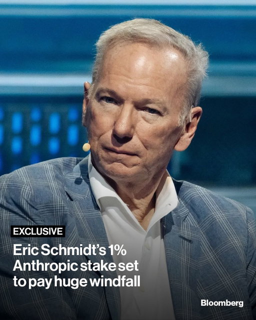 Former Google CEO Eric Schmidt owns around 1% of Anthropic thanks to his early investment in the startup, according to people familiar with the matter, setting him up for one of the largest individual windfalls from the company’s imminent public market debut. Tap the link in bio for more.

📷: Eva Marie Uzcategui/Bloomberg