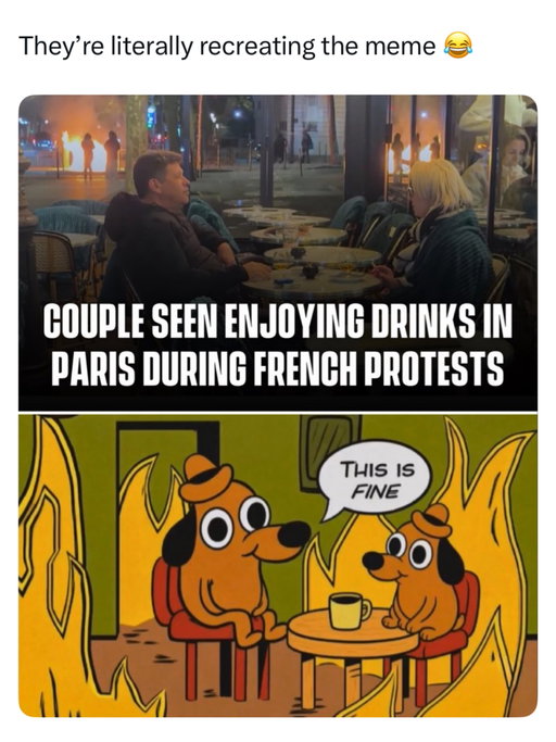 “ain’t nothing gonna ruin our vacation” 

The photo of a couple casually enjoying drinks at a café near the Arc de Triomphe went viral after flames and violent protests unfolded just behind them in Paris on October 17. The demonstrations were part of wider unrest across France over the cost of living and deteriorating public services, with peaceful protests escalating into clashes, fires and looting in several cities.

The meme compares the couple’s apparent calm to the famous “This Is Fine” dog, who sits drinking coffee while everything around him burns. The joke is that they look completely unbothered by the chaos, as if a burning street is just normal background scenery for their evening date. It is basically the ultimate image of carrying on with your plans while everything falls apart around you.