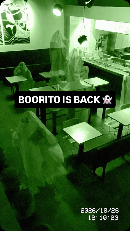BOO(rito) is BACK 👻 dress up in costume & get a $6 entree when u pull up in-restaurant on halloween from 3pm to close

10/31, 3pm-close only. limit 1/guest. terms: chipotle.com/boorito