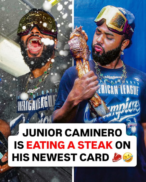TOMAHAWKS IN TAMPA BAY 🥩🤣 Junior Caminero celebrated the Rays clinching the ALCS with a steak in the postgame lockeroom 🔥

Collectors who purchase the standard edition of his newest card have a chance to receive this ultra-rare short print image variation. 🔗 Link in stories to purchase.