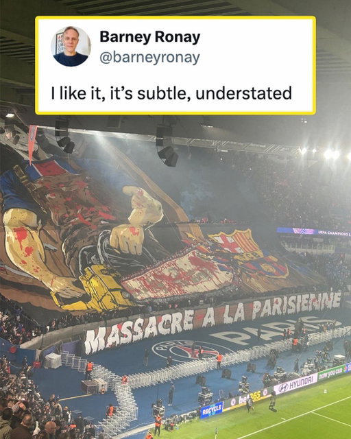 THIS PSG TIFO 😮

Supporters of the Parisian club brought out a Michael Myers-inspired tifo for their Champions League match against Barcelona on Tuesday. The artwork featured the Barcelona badge being chainsawed by the horror movie icon.