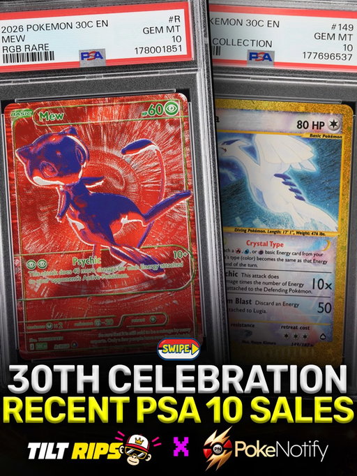 Grading your 30th Celebration pulls or keeping them raw? 👀

We teamed up with @tiltripsworld for a look at recent PSA 10 sales, total PSA populations, and how many copies have earned a Gem Mint 10. Swipe through to see the numbers!

Will you be picking any of these up in a 10 now, or waiting to see if prices come down further?

If you’d like to try Tilt Rips, download the app and use code POKENOTIFY at signup for a free pack on us!

📲 https://tiltrips.com/r/POKENOTIFY/ 

Sales are individual results, and prices and population counts can change.

#pokemon #pokemontcg #pokemoncards #pokemoncollector #ad