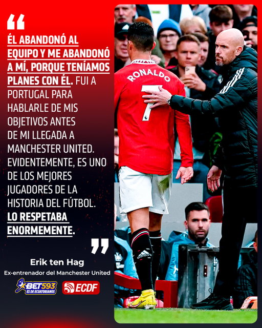 🚨🔥 "CRISTIANO ABANDONÓ AL EQUIPO Y ME ABANDONÓ A MÍ, PORQUE TENÍAMOS PLANES CON ÉL" 🔥🚨

📌 Erik ten Hag, ex-entrenador del #ManchesterUnited, habló sobre la salida de #CR7 de los 'Diablos Rojos' #Bet593

🤔 ¿Qué les parecen estas declaraciones?