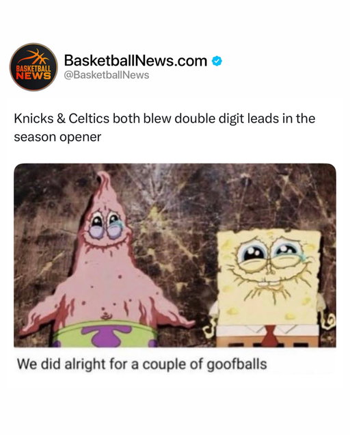 The Knicks and Celtics really spent the offseason building championship expectations just to start the season like THIS. 😭💀

New York had a chance to celebrate its first championship in over 50 years in front of the home crowd, but instead watched a double-digit lead disappear in a 106-100 loss to Philadelphia.

Meanwhile, Boston somehow managed to blow a 22-point lead against Detroit despite getting 38 points from Paul George in his Celtics debut.

Two Eastern Conference powerhouses, two brutal collapses, and a whole lot of disappointed fans. 😭

It’s only one game, but which loss was worse?

(H/T mldiffley/x)

Follow @BasketballNews for all things hoops.