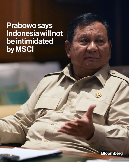 Indonesian President Prabowo Subianto has a message for global index provider MSCI: Indonesia will not be cowed.

His comments came days after MSCI said it was considering moving the country down from emerging-market to standalone status, sending its stocks tumbling. Tap the link in bio for the full story.

📷: Dimas Ardian/Bloomberg
