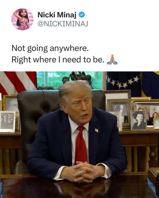Nicki Minaj is standing firm in her support for Donald Trump after the president gave her a warm welcome at the White House during the Million Dollar Pitch Competition.

The competition features entrepreneurs pitching their businesses for a share of $1 million, with Nicki serving as one of the judges.

“There she is, my favorite,” Trump said as Nicki entered the Oval Office. “She’s been with me for a long time, I won’t say how long.”

Nicki later responded to the clip on X (Oct. 20), writing, “Not going anywhere. Right where I need to be. 🙏🏽”