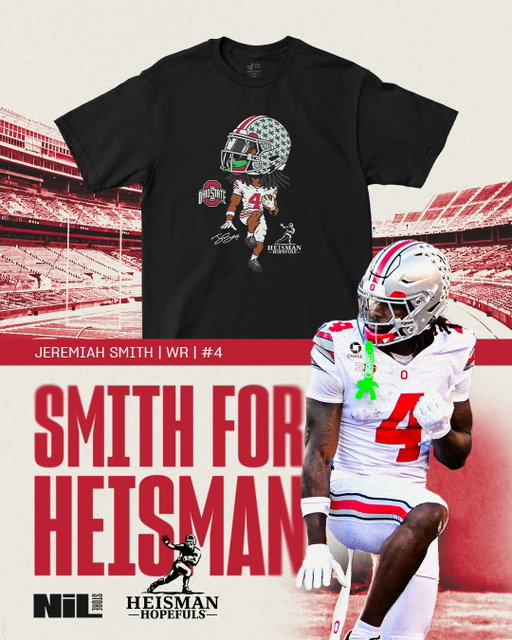 Looking to become the 8th Buckeye to win the Heisman Trophy! 

The Jeremiah Smith @heisman x @nil.store___ collection is live. You can wear the JJ Heisman campaign and show your love for one of the nation’s best! 

The case is strong: 
- 52 catches (1st in the country) 
- 984 yards (2nd in the country) 
- 12 TDs (2nd in the country) 

Jeremiah gets a piece of every purchase of this official Heisman Hopeful line! 

#ohiostate #heisman
