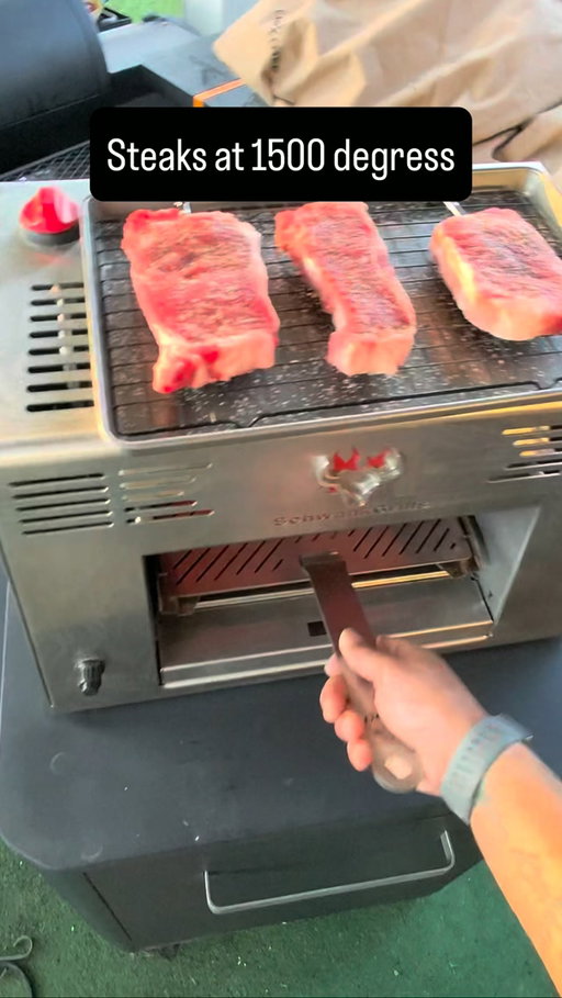 Infrared for maximum crust. Be sure to sear the fat cap hard. Cheat code. I like to put each steak on a separate smaller sheet pan so I can finish in oven to everyone’s desired doneness/temp.  @schwankgrills