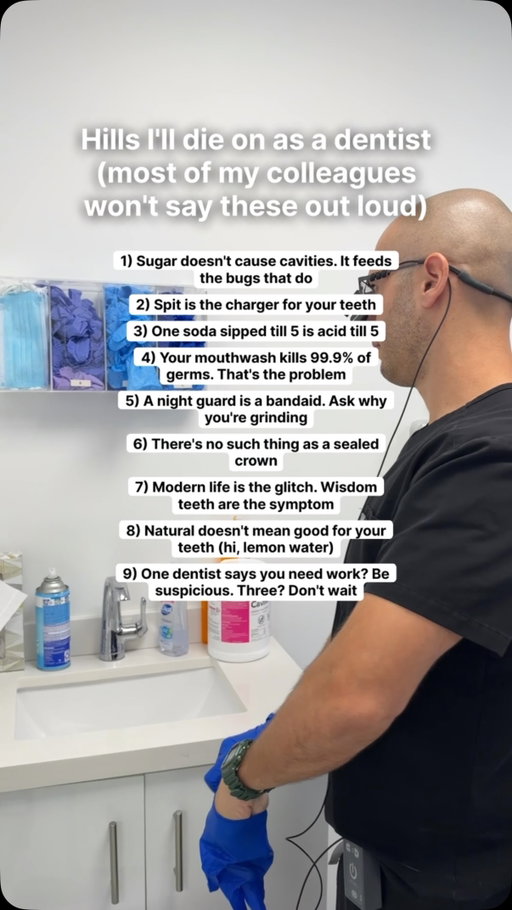 None of these are about brushing harder.

Cavities are an acid problem. Bacteria produce the acid, sugar fuels them, and saliva neutralizes it and helps put minerals back into enamel. Anything that dries your mouth out, like sipping all day, sleeping with your mouth open or certain medications, tips that balance. Strong antiseptic rinses affect the helpful bacteria along with the harmful ones.

Even a well-made crown has edges bacteria can reach, so it lasts as long as the mouth around it allows.

That’s why you can follow every instruction and still need dental work.

A few places to start: keep sugar and acidic drinks to mealtimes, pay attention to how you breathe at night, and if a treatment plan doesn’t sit right with you, a second opinion is always reasonable.