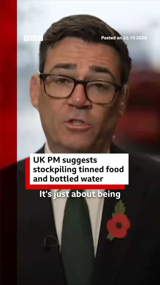 " It's just about being prepared and having a sensible amount of supplies in the home."
 
The UK prime minister has advised people to stock up on tinned food and bottled water in order to be prepared for emergencies, like threats posed by Storm Austen and Storm Boelo.
 
In response, Conservative leader Kemi Badenoch said that "families can stock up but what's going on with defence, the cyber attacks, the hybrid warfare?"
 
Tap the link in @BBCNews's bio to read more about Andy Burnham's advice to stock up.
 
#UKPolitics #BBCNews