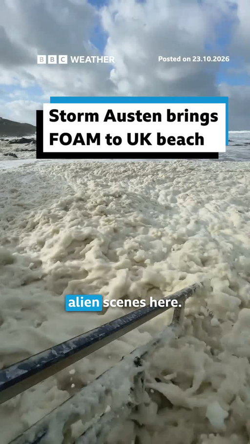 What exactly is this? 😮
 
Sea foam has been blown ashore along the coast of Newquay, Cornwall, following Storm Austen.
 
But, how does a storm help it form? 
 
Storm Austen has caused widespread power cuts and travel disruption, with millions of people placed under a yellow weather warning for wind.
 
Tap the link in @BBCWeather’s bio to check if a weather warning has been issued where you live. 
 
#Austen #Storm #UKWeather #Forecast #News #BBCNews