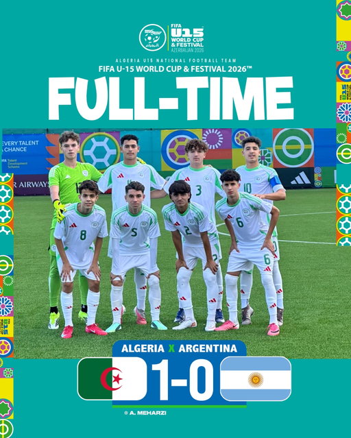 المنتخب الوطني لأقل من 15 سنة يتفوق على نظيره الأرجنتيني في مباراته الافتتاحية ضمن كأس العالم ومهرجان الفيفا 2026 👏⚽️

#LesVerts_U15 | #123VivaLAlgérie 🇩🇿