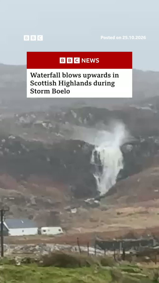 This waterfall in Lairg in the Scottish Highlands was spotted blowing upwards during stormy weather.
 
Storm Boelo has brought flooding, travel disruption, and power cuts across the UK. 
 
Amber warnings for wind remain in place across large parts of Scotland and northern England, with some events cancelled. 
 
Tap the link in @BBCNews's bio for the latest on Storm Boelo.
 
#StormBoelo #Scotland #BBCNews