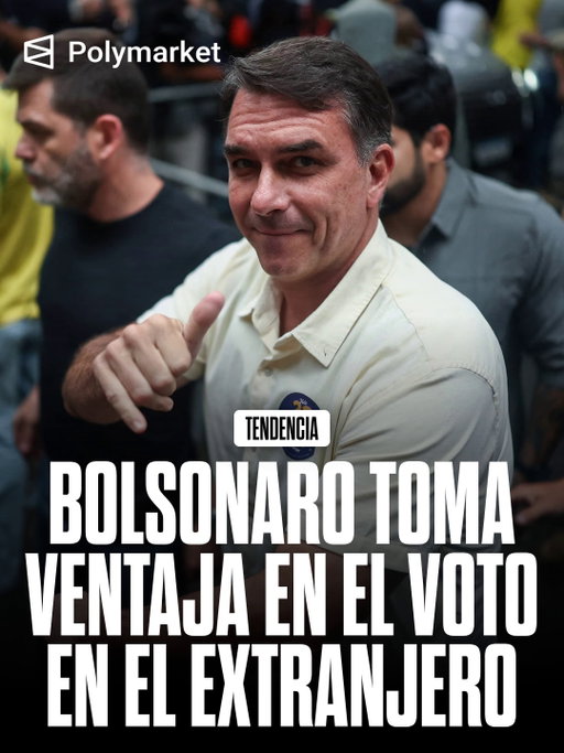 Los primeros resultados en cinco países muestran a Flávio Bolsonaro con ventaja en el voto brasileño en el exterior, impulsada por Japón, donde obtuvo 28,538 votos frente a 7,098 de Lula. También ganó en Malasia, por 44 votos contra 41.

Lula se impuso en China, Corea del Sur y Nueva Zelanda. En conjunto, Flávio suma 29,032 votos y Lula 8,207, en resultados parciales.

Sigue a @polymarketespanol para acompañar los mercados que mueven el mundo