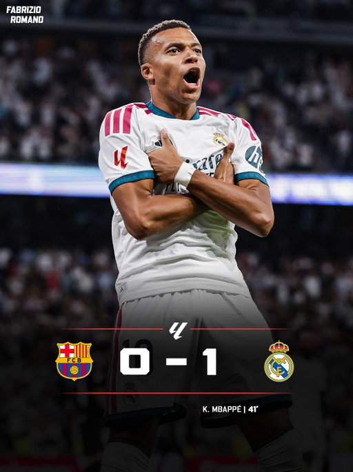 𝐑𝐄𝐀𝐋 𝐌𝐀𝐃𝐑𝐈𝐃 𝐀𝐑𝐄 𝐋𝐄𝐀𝐃𝐈𝐍𝐆 𝐀𝐓 𝐂𝐀𝐌𝐏 𝐍𝐎𝐔! ⚪️🚀

Kylian Mbappé opens the scoring against Barcelona in El Clásico… 0-1 at half time! 

𝐏𝐫𝐞𝐝𝐢𝐜𝐭 𝐭𝐡𝐞 𝐟𝐢𝐧𝐚𝐥 𝐫𝐞𝐬𝐮𝐥𝐭! 🍿👀