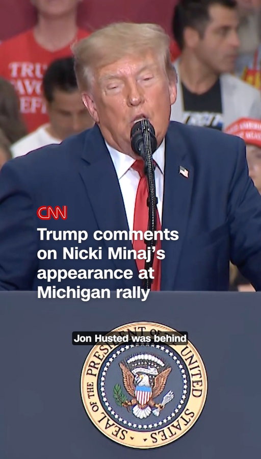 During a rally in Michigan, President Trump made a joke about the physique of Ohio Sen. Jon Husted before turning his attention to rapper Nicki Minaj, who was in attendance.